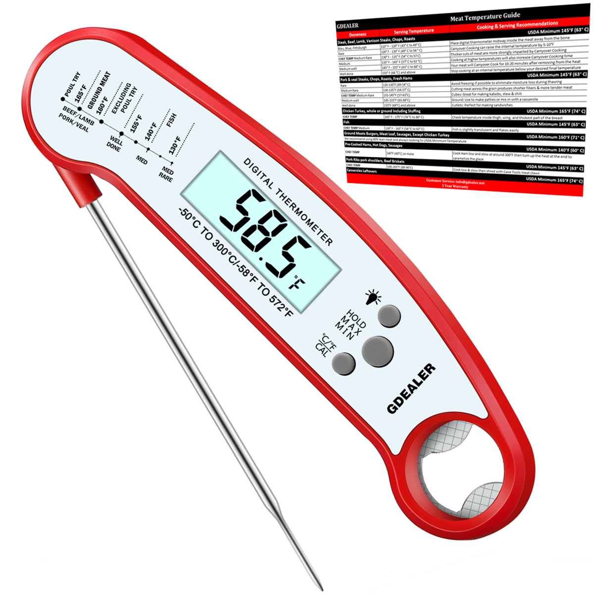 GDEALER Waterproof Digital Meat Thermometer with Bottle Opener Super Fast Instant Read Thermometer BBQ Thermometer with Calibration and Back-lit Function Cooking Thermometer for Food,Candy,Milk