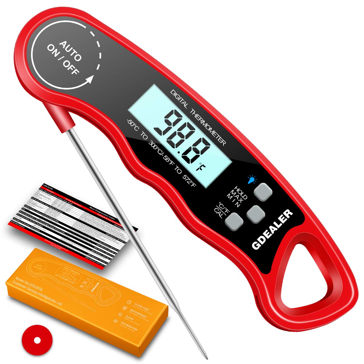 GDEALER DT09 Waterproof Digital Instant Read Meat Thermometer with 4.6” Folding Probe Calibration Function for Cooking Food Candy, BBQ Grill, Smokers