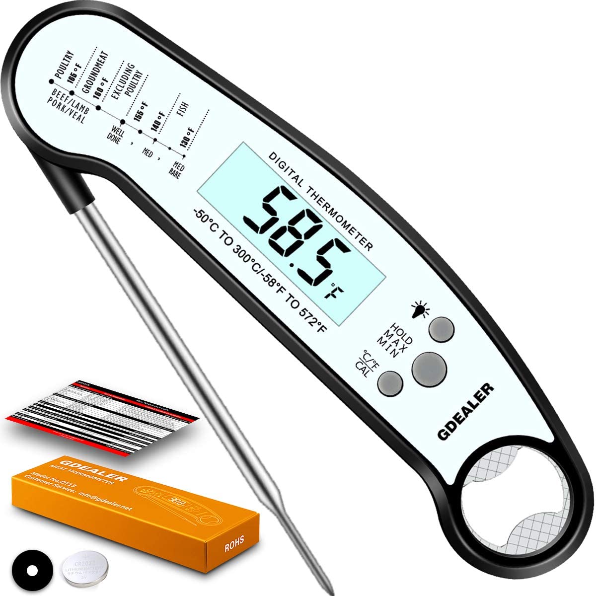 GDEALER Waterproof Digital Meat Thermometer with Bottle Opener Super Fast Instant Read Thermometer BBQ Thermometer with Calibration and Back-lit Function Cooking Thermometer for Meat Kitchen Candy