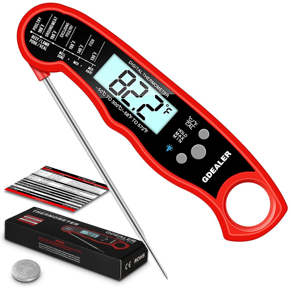 GDEALER DT15 Waterproof Digital Instant Read Meat Thermometer Ultra-Fast Cooking Food Thermometer with 4.6” Folding Probe Calibration Function for Kitchen Milk Candy, BBQ Grill, Smokers